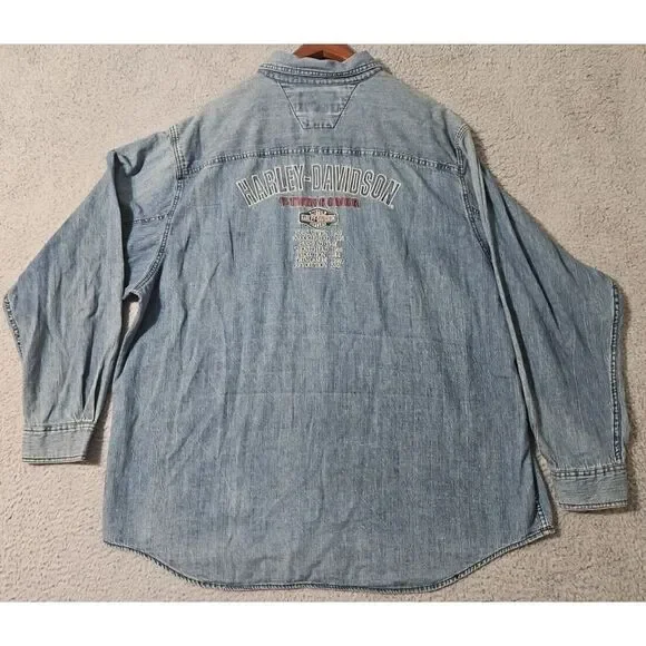 Vintage Harley Davidson Embroidered Blue Denim Button Down Shirt Men's Size 2XL - Picture 2 of 9